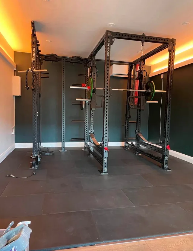 Two Rogue power rack frames in Rob’s newly finished gym