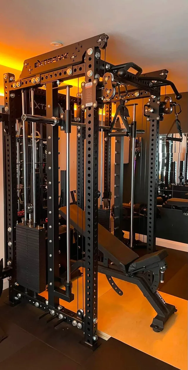 Cable pulleys and weight stacks on Rob’s Extreme Fitness and Rogue hybrid setup